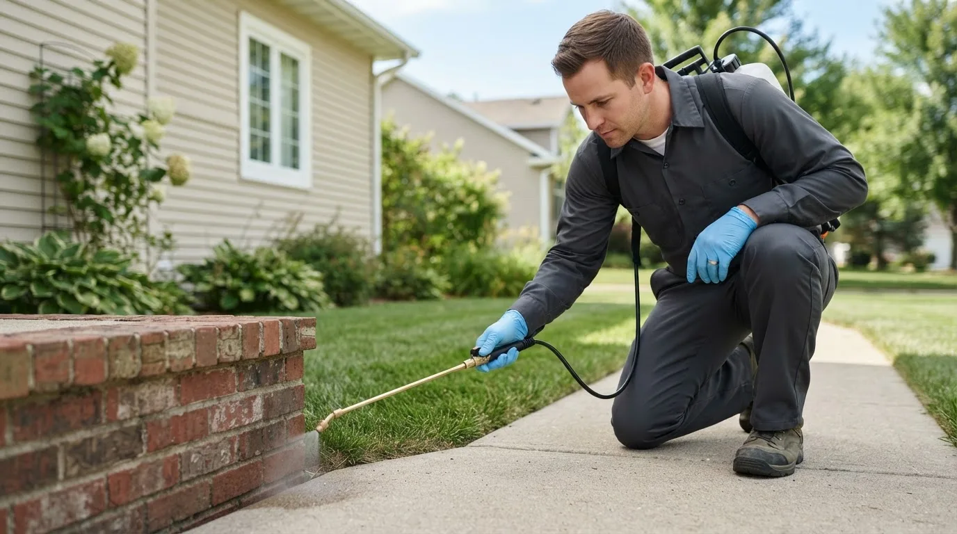 Pest control technician treating a home near Bakersville, NC
